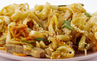 Udon noodles with chicken and peppers. Japanese cuisine. Fried noodles with chicken and vegetables  on white background