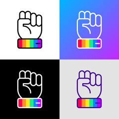LGBT power thin line icon: hand with rainbow wristband. Modern vector illustration.