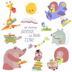 Obraz premium Friends animals reading books. Animals carrying books. Vector illustration on white background in cartoon style. Isolate, hand drawing. For print, web design.