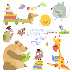 Friends animals reading books. Animals in the library reading books. Vector illustration on white background in cartoon style. Isolate, hand drawing. For print, web design.