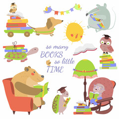 Obraz na płótnie Canvas Vector isolated set of animals reading books. Friends animals reading books. Illustration on white background in cartoon style. Isolate, hand drawing. For print, web design.
