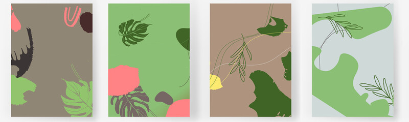 set Abstract posters art paper tropical card, poster, banner,modern line shape graphic artwork decoration  nature leaf artist plant print banner design page vector illustration