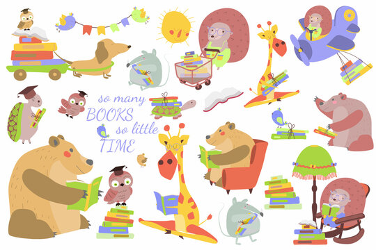 Vector set animals reading books. Friends animals reading books. Illustration on white background in cartoon style. Isolate, hand drawing. For print, web design.
