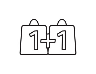 Obraz premium Black White line art sale icon, One plus One in shopping bags
