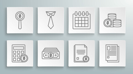 Set line Calculator with dollar symbol, Tie, Stacks paper money cash, Finance document, File, Calendar, Coin and Magnifying glass and icon. Vector