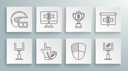 Set line American football goal post, on tv program, Number 1 one fan hand glove with finger raised and american, Football club logo template, Award cup, and helmet icon. Vector