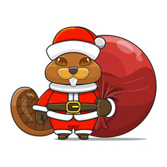 cute beaver wearing santa costume and carrying santa bundle bag, animal mascot in christmas costume