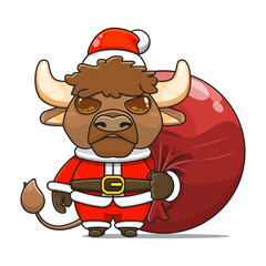 cute bison or bull wearing santa costume and carrying santa bundle bag, animal mascot in christmas costume