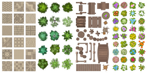Vector set for landscape design. Outdoor furniture, pavements, architectural elements, trees and flowers. (top view) 