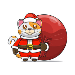 cute cat wearing santa costume and carrying santa bundle bag, animal mascot in christmas costume