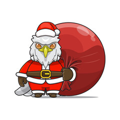 cute eagle wearing santa costume and carrying santa bundle bag, animal mascot in christmas costume
