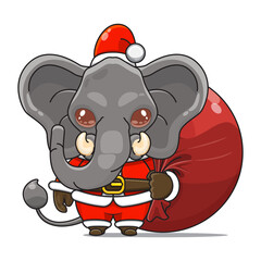 cute elephant wearing santa costume and carrying santa bundle bag, animal mascot in christmas costume