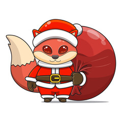 cute fox wearing santa costume and carrying santa bundle bag, animal mascot in christmas costume