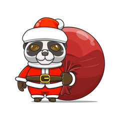 cute panda wearing santa costume and carrying santa bundle bag, animal mascot in christmas costume