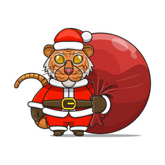 cute tiger wearing santa costume and carrying santa bundle bag, animal mascot in christmas costume