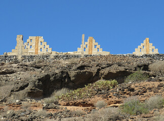 Dilapidated lattice wall of abandoned banana greenhouses in the south of Tenerife island. Canary Islands. Spain.