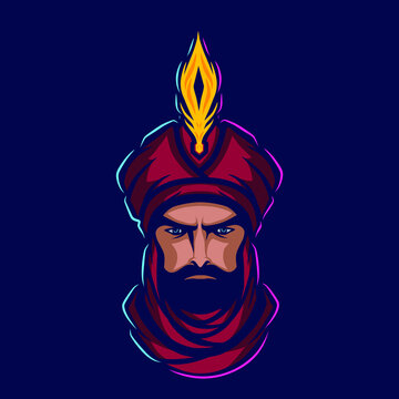 Sultan arabian king logo vector line neon art potrait colorful design with dark background. Abstract graphic illustration