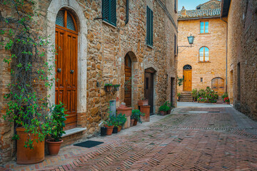 Fototapeta na wymiar Beautiful arranged street and decorated with green plants, Pienza, Italy