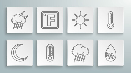 Set line Moon and stars, Fahrenheit, Thermometer, Cloud with rain, Water drop percentage, Sun, and moon icon. Vector