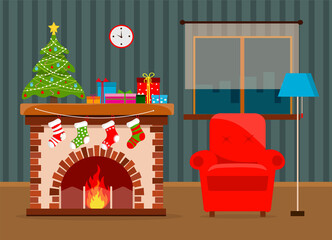 Christmas fireplace with gifts, socks and a chair. Flat vector illustration in cartoon style