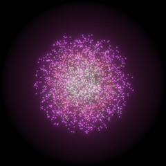 Purple firework explosion, glowing round particles with bloom on pitch black background