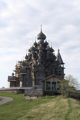 Fototapeta na wymiar Wooden Orthodox Church, built without a single nail, on Kizhi Island in Lake Ladoga