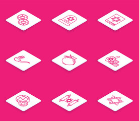 Set line Jewish coin, Tombstone with star of david, torah book, Smoking pipe smoke, Pomegranate, Hanukkah dreidel and, World Globe Israel and Torah scroll icon. Vector