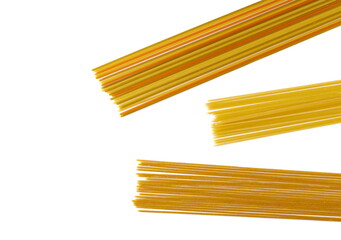 Set colorful spaghetti tricolore pasta noodles, common and integral isolated on white background, top view