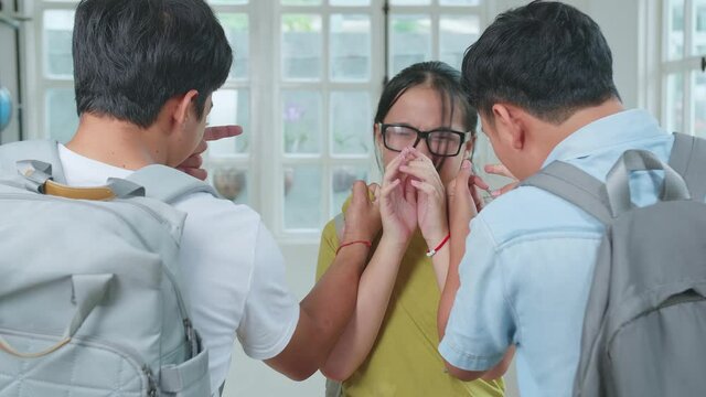 Young Asian Boys Attacking Caucasian Girl In Glasses, Bullying
