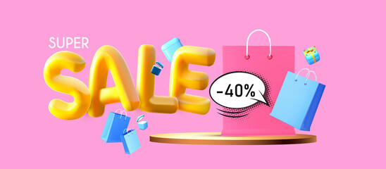 3D sale banner with golden text, podium and gift bags isolated on pink background.