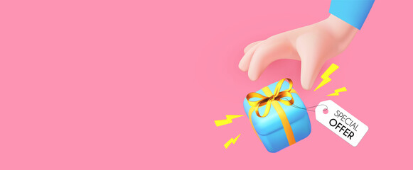 Take your gift. Hand reaching for the gift box with bow. Cartoon design. Special offer.
