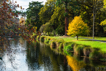 Fototapeta na wymiar ニュージーランド　クライストチャーチの市街地にあるクライストチャーチ・ボタニック・ガーデンズを流れるエイヴォン川と紅葉