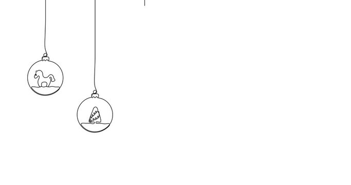 Animated illustration. Continuous one line of hanging balls with reindeer, horse, tree, snowman, sleigh, rabbit. Hand-drawn minimalist style. Line sketch drawn by hand. Christmas concept. 4K video