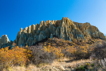 ニュージーランド　ワイタキ地方のオマラマ近郊にある断崖絶壁のクレイ・クリフと紅葉