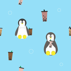 cute penguin bubble drinking tea seamless pattern for print or fabric