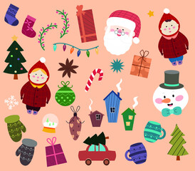 A set of happy christmas characters including Santa and a snowman. Vector illustration.