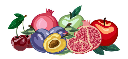 A collection of ripe fruits, vitamins and antioxidants, cherry, plum, pomegranate and apples, healthy food