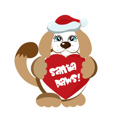 A cute Christmas puppy holding a heart, Santa Paws dog cartoon, a funny dog character