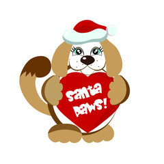 A cute Christmas puppy holding a heart, Santa Paws dog cartoon, a funny dog character