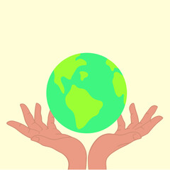 Hand Holding Earth Globe Icon Symbol. Save the Earth Design Concept. Flat Vector Illustration. 