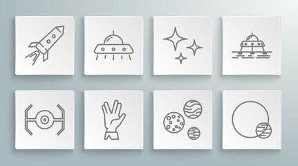 Set line Cosmic ship, UFO flying spaceship, Vulcan salute, Planet, Falling star, Mars rover and Rocket with fire icon. Vector