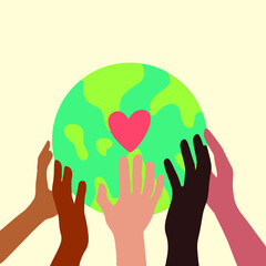 Hands of People with Different Skin Colors Holding Earth Globe Icon Symbol. Flat Vector Illustration. 