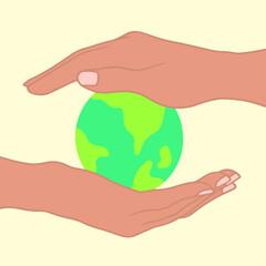 Hand Holding Earth Globe Icon Symbol. Save the Earth Design Concept. Flat Vector Illustration. 