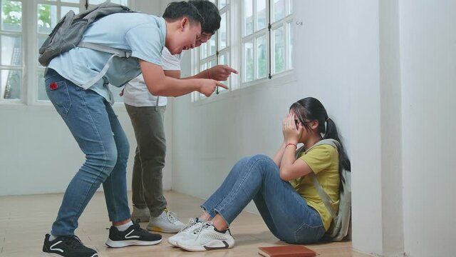 Young Asian Students Bullying Caucasian Girl In Glasses
