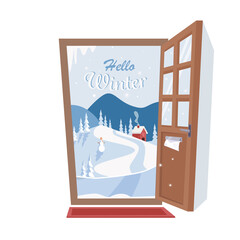 Hello winter. Door to a winter landscape. Flat cartoon style vector illustration.