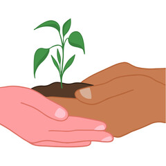 Fototapeta na wymiar Two Hands with Different Skin Color Holding Green Sprout and Soil Symbol on White Background. Save Earth Flat Vector Illustration. Earth Day Eco Friendly Design Concept.