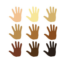 People's Hand Palm with Different Skin Colors Symbol on White Background. Unity in Diversity No Racism Icon Concept Design. Hand Drawn Love Flat Vector Illustration.