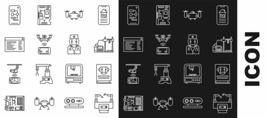 Fototapeta premium Set line Assembly line, User manual, 3D printer, Drone flying with action camera, Remote aerial drone, Software, web developer programming code, Algorithm and Robot doctor icon. Vector
