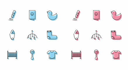 Set line Baby crib cradle bed, Rattle baby toy, Wax crayon for drawing, onesie, hanging toys, socks clothes, Classic steel safety pin and shower invitations card, poster icon. Vector