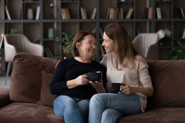 Happy mature mother with grown-up daughter drinking tea, chatting, sitting on couch at home,...